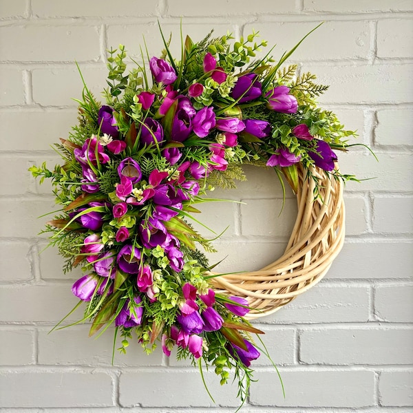 Large Purple Tulip Wreath, Purple Spring Flower Wreath, Large Artificial Wreath for Front Door,  Spring Summer Door Wreath, Door Decor