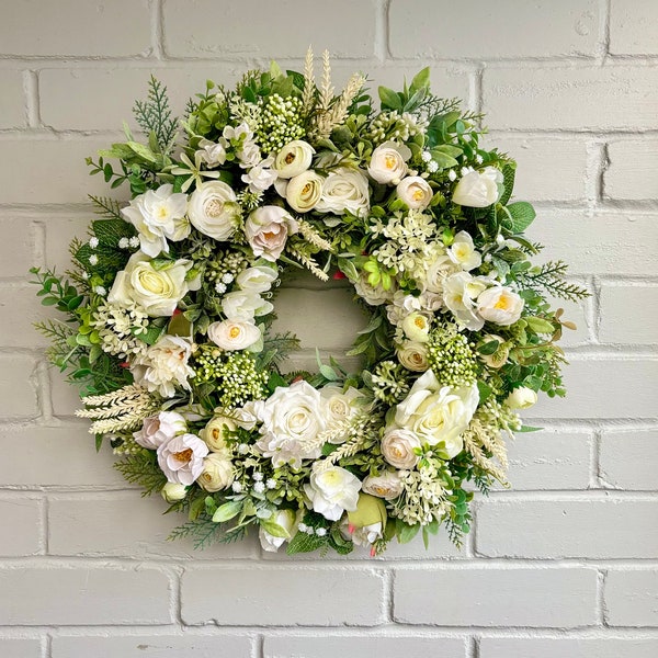 White Rose & Tulip Wreath, Artificial Ivory wreath, Neutral wreath, Large door wreath, Wreath for all occasions, Faux Flower Wreath