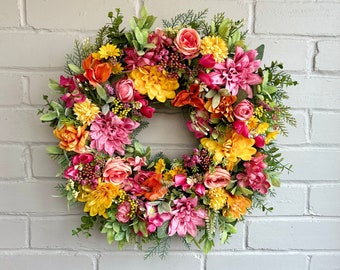 Colourful Spring Wreath, Summer Wreath, Large door wreath, Pink Yellow & Orange door wreath, Artificial Front Door Wreath, Sunshine Wreath