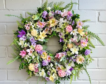 Meadow Flower Wreath, Wildflower Artificial Door Wreath, Pastel Faux Flower Wreath, Summer wreath, Wildflower Wreath, Garden flower Wreath