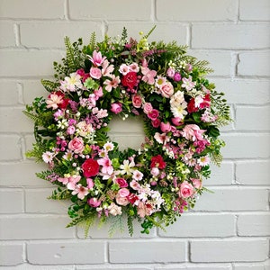 Large Pink Meadow Wreath, Wildflower  wreath, Meadow flower Spring Summer Wreath, Artificial Front Door Wreath, Multi Season door wreath