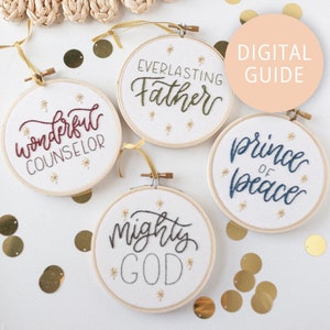 May include: Four embroidery hoops with different phrases: "Wonderful Counselor", "Everlasting Father", "Prince of Peace", and "Mighty God". Each hoop has a gold ribbon and is surrounded by gold glitter.
