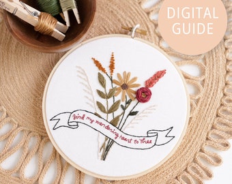 Embroidery Pattern PDF, Come Thou Fount, Bind My Wandering Heart, Floral Christian Wall Art