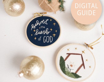PDF-gids kerstornament, twee borduurontwerpen (Jezus in een kribbe, &quot;Zie het Lam Gods&quot;)