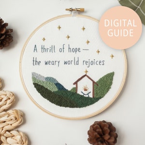 Advent Stitch-Along PDF: “A Thrill of Hope—the Weary World Rejoices” (Embroidery PDF, Christmas Decor, Baby Jesus in Manger)