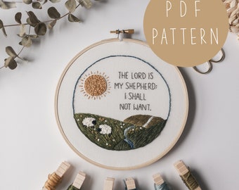 Embroidery Pattern PDF, The Lord is my Shepherd, Psalm 23, Nursery Decor, Christian Wall Art