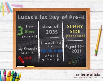 May include: A chalkboard sign with the text "Lucas's 1st Day of Pre-K" and information about Lucas's age, favorite color, and future aspirations. The sign also includes the name of the preschool, "Sunny Side Preschool", and the date August 20th, 2021.