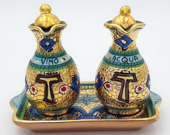 Water Wine Cruet Set for Altar with Tray decor Tau Byzantine Classic 18 carat gold. Hand painted artistic ceramic from Deruta MADE IN ITALY