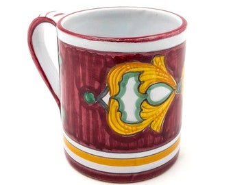 Cup - Mug decorated in Ricco Classic Deruta Red Rococò Style. Deruta artistic ceramic. Hand Painted. 100% MADE IN ITALY.