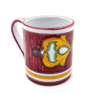 Cup - Mug decorated in Ricco Classic Deruta Red Rococò Style. Deruta artistic ceramic. Hand Painted. 100% MADE IN ITALY.