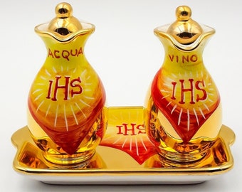 Water & Wine Cruet Set for Altar with Tray decorated with IHS 18 carat gold. Hand painted artistic ceramic from Deruta. MADE in ITALY.
