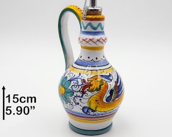 Oil bottle with Straight handle and steel pourer decorated in Raffaellesco H 15cm / 6". Deruta artistic ceramic. Hand Painted. MADE IN ITALY