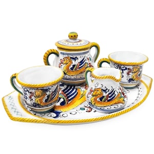 Coffee set for 2 people Espresso cups with milk jug, sugar bowl and tray in Raffaellesco. Deruta artistic ceramic Hand Painted MADE IN ITALY