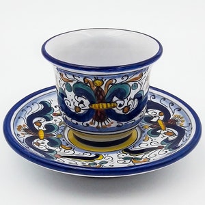 Bell-shaped Espresso Coffee Cup with matching Saucer decorated in Ricco Classic Deruta. Deruta artistic ceramic Hand Painted MADE IN ITALY