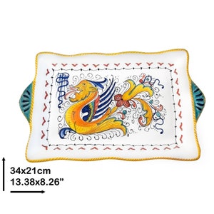 Rechteckiges Tablett mit geschwungenem Rand, im Stil Raffael verziert, 35 cm / 14 Zoll. Handbemalte Deruta-Keramik. Hergestellt in Italien.