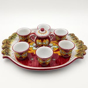 Coffee set for 6 Espresso cups with sugar bowl, tray in Ricco Classic Deruta Rococò Style Deruta artistic ceramic Hand Painted MADE IN ITALY