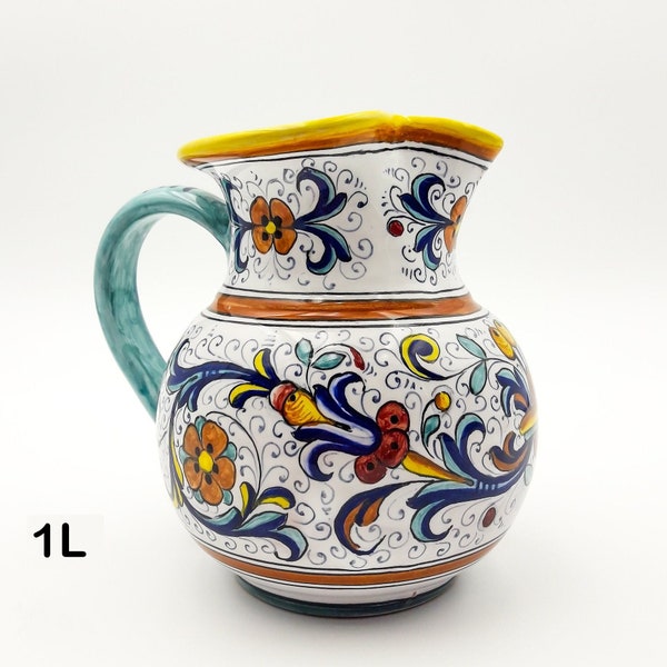 Jug - Pitcher decorated in Beautiful Ricco classic Deruta 1L. Deruta artistic ceramic. Hand Painted. 100% MADE IN ITALY.