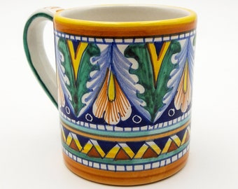 Cup - Mug decorated in Geometric Deluxe Peacock Tail. Deruta artistic ceramic. Hand Painted. 100% MADE IN ITALY.