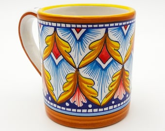 Cup - Mug decorated in Geometric Deluxe Peacock Tail. Deruta artistic ceramic. Hand Painted. 100% MADE IN ITALY.