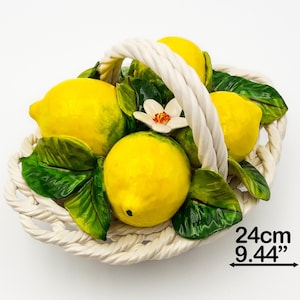 Basket of Lemons with Flower Oval shape Centerpiece - Ornament L 25 cm / 10 ". Entirely created and Hand Painted ceramic. 100% MADE IN ITALY