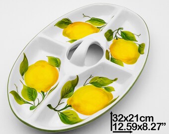 Oval Appetizer Plate / Tray Starter 4-seater with handle painted with Lemons 30 cm / 12". Hand painted Artistic ceramic. 100% MADE IN ITALY.
