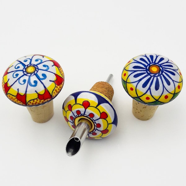 Set of 2 ceramic and cork wine / water bottle stoppers + 1 oil pourer cap stopper. Deruta artistic ceramic Hand Painted. 100% MADE IN ITALY.