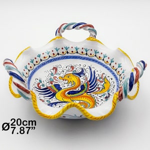 Fruit Bowl - Centerpiece decorated Raffaellesco with three braided handles 20 cm / 8 &quot;. Deruta artistic ceramic Hand painted. MADE IN ITALY