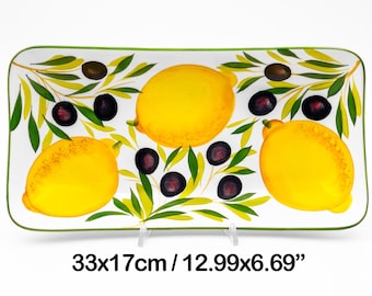 Rectangular Wavy Tray - Fruit / Bread Holder painted Lemons and Olives 33cm/13". Artistic ceramic completely hand painted 100% MADE IN ITALY