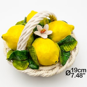 Basket of Lemons with Flower Round shape Centerpiece - Ornament Ø 20 cm / 8 &quot;. Entirely created and Hand Painted ceramic. 100% MADE IN ITALY