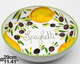 Spaghetti Serving Bowl - Centerpiece Bowl painted Lemons + Olives 30cm / 12" & 36cm / 14". Entirely Hand Painted Ceramic. 100% MADE IN ITALY