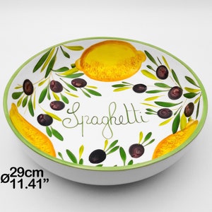 Spaghetti Serving Bowl - Centerpiece Bowl painted Lemons + Olives 30cm / 12" & 36cm / 14". Entirely Hand Painted Ceramic. 100% MADE IN ITALY