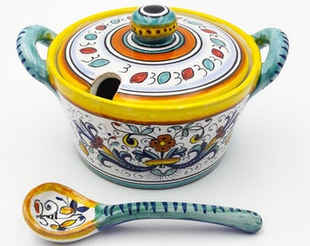 ヴィンテージ蓋付きシュガーディッシュ、イタリア陶器、ドラゴン、Fima