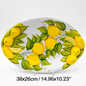 Bandeja Ovalada Profunda - Frutero con Limones, Decoración en Relieve, Limones, 38 cm / 15". Cerámica artística creada y pintada a mano. 100% HECHO EN ITALIA.