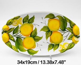 Oval Tray with Lemons and Leaves in relief decorated Lemons 35 cm / 13 &quot;. Artistic ceramic completely hand painted. 100% MADE IN ITALY.