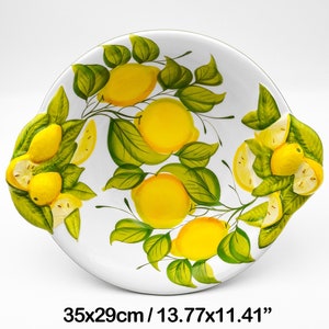 Centerpiece Serving Bowl - Salad Bowl handles Lemons relief painted Lemons 35x29cm/14x12". Entirely Hand Painted Ceramic. 100% MADE IN ITALY