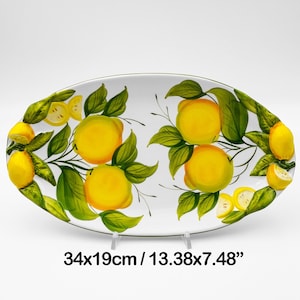 Bandeja Ovalada con Limones y Hojas en Relieve Limones Decorados 35 cm / 13 ". Cerámica artística creada y pintada a mano. 100% HECHO EN ITALIA.