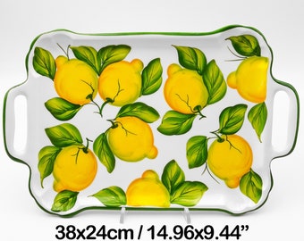 Vassoio Rettangolare con Manici decorato Limoni 40 cm / 15 ". Ceramica artistica creata e dipinta a mano. 100% MADE IN ITALY.