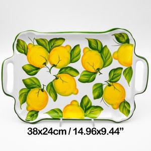 Rectangular Tray with Handles decorated Lemons 40 cm / 15 ". Artistic ceramic completely hand painted. 100% MADE IN ITALY.