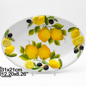 Oval Tray Lemons and Olives relief decorated Lemons 30 cm / 12" & 40 cm / 16". Artistic ceramic completely hand painted. 100% MADE IN ITALY.