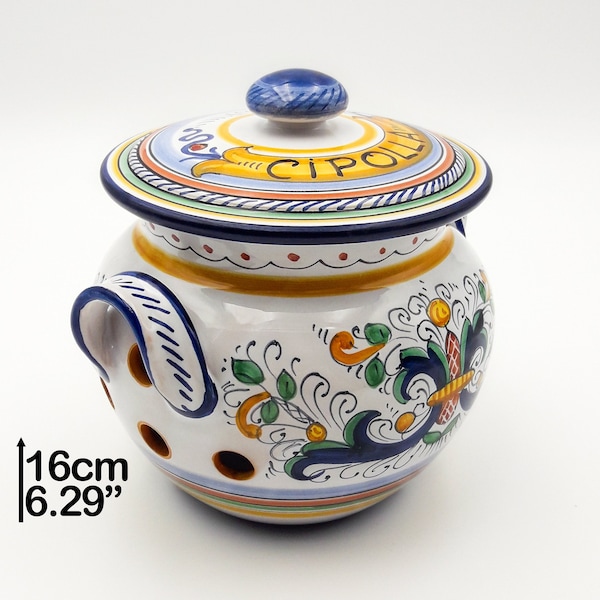 Pot - Boîte à oignons avec couvercle décoré en Rich Deruta. Céramiques artistiques de Deruta peintes à la main. FABRIQUÉ EN ITALIE.