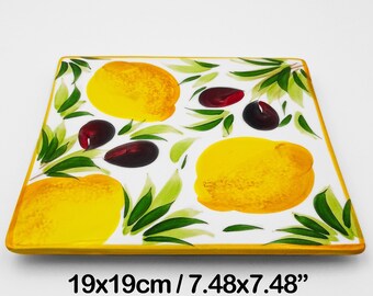 Pot rest / Trivet square shape painted Lemons & Olives. Hand Painted artistic Ceramic. 100% MADE IN ITALY.