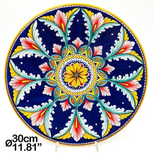 Wall plate decorated Geometric Blue Multicolored Deluxe Peacock Tail Ø 30cm / 12&quot;. Deruta artistic ceramic. Hand Painted. 100% MADE IN ITALY