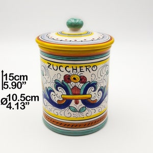 Keukenpot met deksel geschreven Zucchero H 15 cm / 6" in Ricco Deruta. Handbeschilderd Deruta artistiek keramiek. GEMAAKT IN ITALIË.