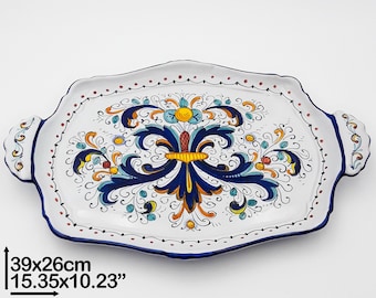 Tray with handles and wavy edge decorated in Ricco Classic Deruta 40 cm / 15&quot;. Deruta artistic ceramic. Hand Painted. MADE IN ITALY.
