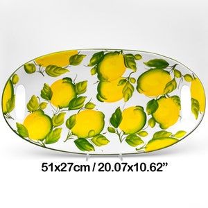 Oval Tray Centerpiece - Fruit Bowl with Handles painted Lemons 50 cm / 20 ". Artistic ceramic completely hand painted. 100% MADE IN ITALY.