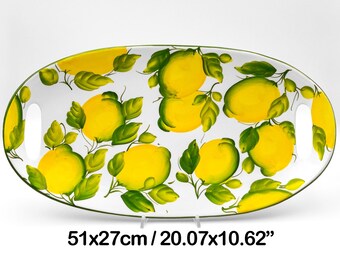Oval Tray Centerpiece - Fruit Bowl with Handles painted Lemons 50 cm / 20 ". Artistic ceramic completely hand painted. 100% MADE IN ITALY.