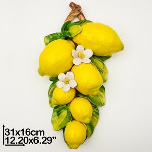 Six Lemon Branch with Flowers to hang or free-standing H 30 cm / 12 &quot;. Entirely created and Hand Painted Ceramic. 100% MADE IN ITALY.