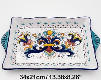 Rectangular Tray with handles and wavy edge in Ricco Classic Deruta 35 cm / 14&quot;. Deruta artistic ceramic. Hand Painted. MADE IN ITALY.