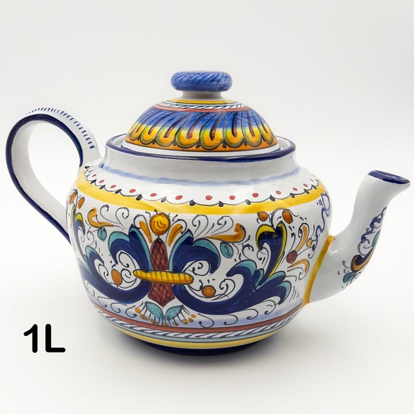 Teapot with lid 1L - 0.5L & 0.25L decorated in Ricco classic Deruta. Deruta artistic ceramic. Hand Painted. MADE IN ITALY.