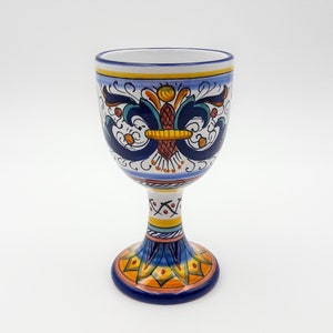 Goblet - Cup - Wine Glass - Mug decorated in Ricco Classic Deruta. Deruta artistic ceramic. Hand Painted. 100% MADE IN ITALY.
